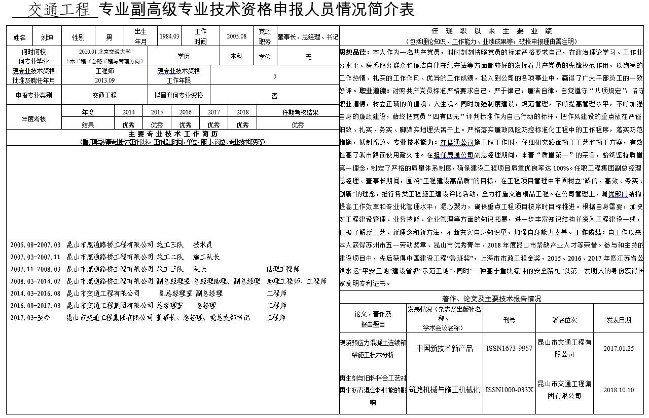 關于劉坤同志申報交通運輸工程高級工程師的公示